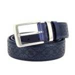 Deep blue men’s leather belt with embossed floral pattern and silver metal buckle.
