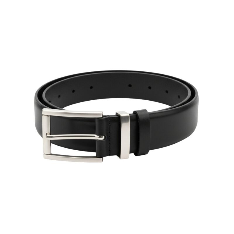 Black leather belt with a silver rectangular buckle.