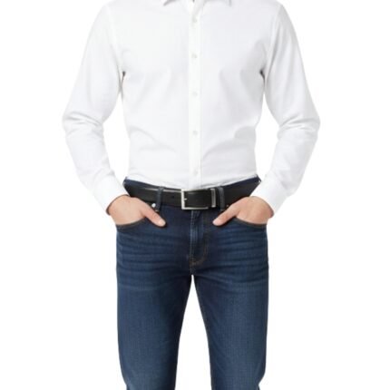 Black leather belt for men with a silver rectangular buckle in a front-facing model view.