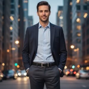 Men’s black leather belt on a model wearing a suit, featuring a dark leather strap with a silver metal buckle.