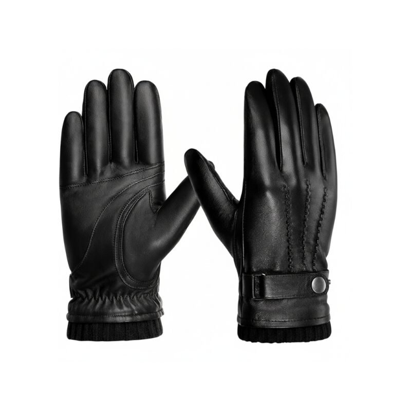Pair of black leather gloves on a white background, shown with palms facing inward.
