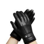 Black leather gloves worn on hands against a white background, palms facing inward.