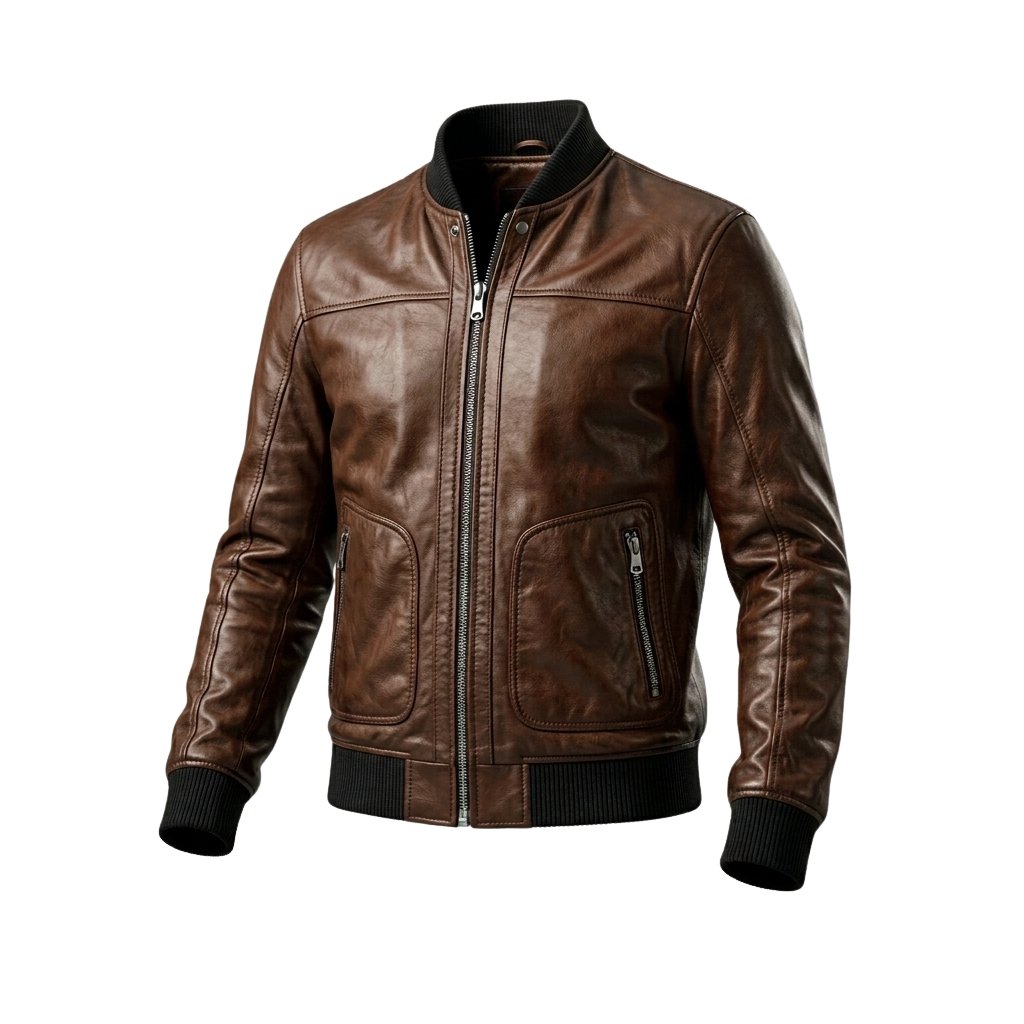 Brown leather bomber jacket with black ribbed collar, cuffs, and hem, front zipper, and two zippered pockets on a white background.