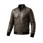 Gray distressed leather bomber jacket with rib-knit collar, cuffs, and hem, full front zipper, and four zippered pockets on a white background.