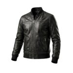 Black leather bomber jacket with front zipper, ribbed collar, and zippered pockets on a white background.