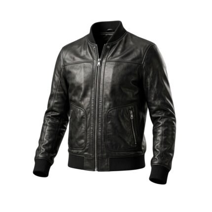 Black leather bomber jacket with front zipper, ribbed collar, and zippered pockets on a white background.