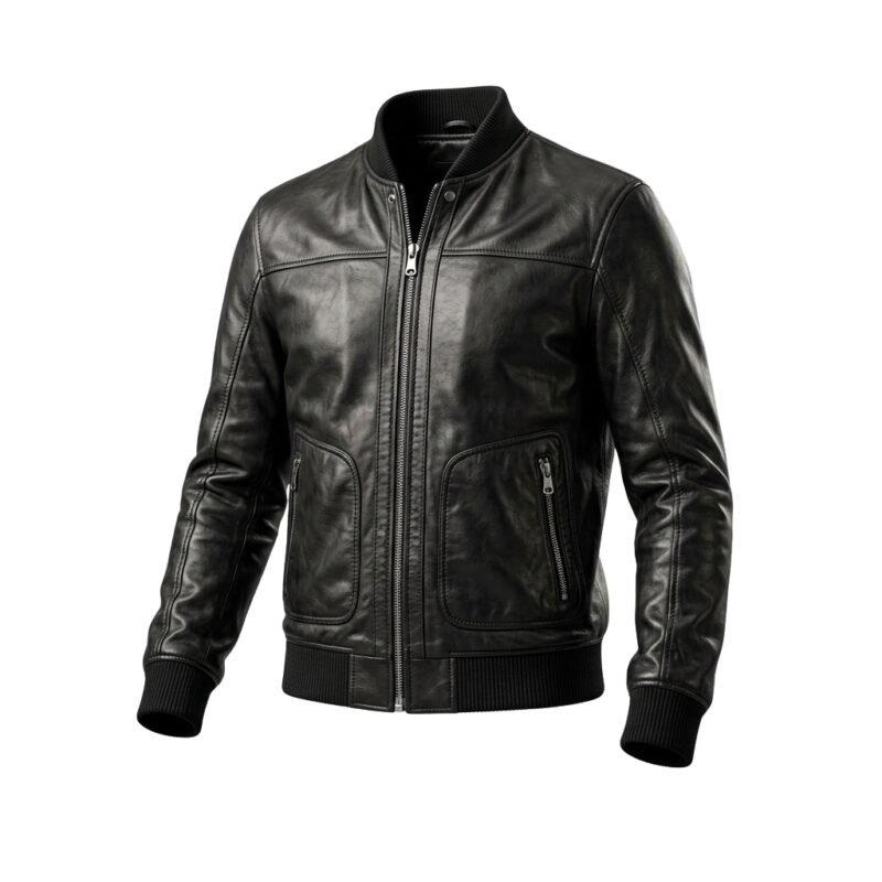 Black leather bomber jacket with front zipper, ribbed collar, and zippered pockets on a white background.