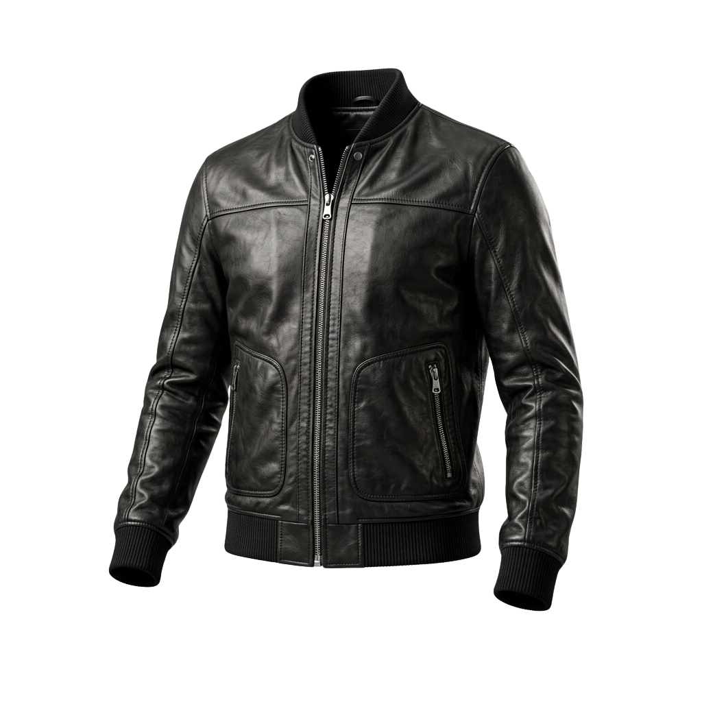 Leather Bomber Jacket-black front view Black leather bomber jacket with front zipper, ribbed collar, and zippered pockets on a white background.