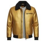 Front view of a metallic gold leather jacket with a textured finish, featuring a black shearling-style collar, zippered chest and side pockets, and ribbed black cuffs and waistband.
