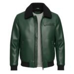 Front view of a dark green leather jacket with a textured finish, featuring a black shearling-style collar, zippered chest and side pockets, and ribbed black cuffs and waistband
