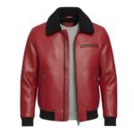 Front view of a vibrant red leather jacket with a textured finish, featuring a black shearling-style collar, zippered chest and side pockets, and ribbed black cuffs and waistband.