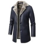 A dark gray-blue leather coat with light gray fur lining visible on the collar and interior. The coat has button closures, long sleeves, and a tailored design.