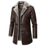 A stylish brown leather coat with plush light beige fur lining visible on the collar and interior. The coat features long sleeves, button closures, and sleek stitching details.