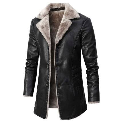 A stylish black leather coat with a plush, light beige fur lining visible on the collar and interior. The coat features long sleeves, button closures, and sleek stitching details.