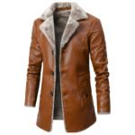 A stylish orange-brown leather coat with gray fur lining visible on the collar and interior. The coat features button closures, long sleeves, and a tailored design