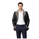 A man wearing a black leather coat with plush light beige fur lining. The coat is paired with a white shirt and navy trousers for a polished and sophisticated look.