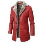 A vibrant red leather coat with soft light gray fur lining visible on the collar and interior. The coat features button closures, long sleeves, and a sleek tailored design.