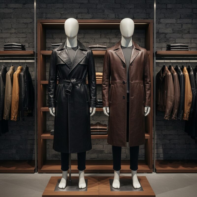 Two leather coat models on display—black and brown long belted coats in a showroom setting.