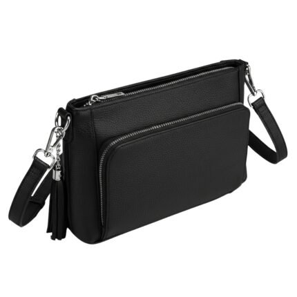Black leather crossbody mini bag with multiple zippered compartments and detachable strap.