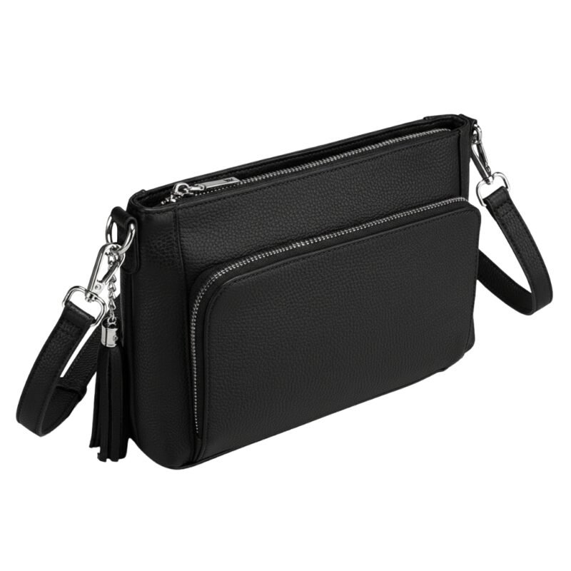 Black leather crossbody mini bag with multiple zippered compartments and detachable strap.