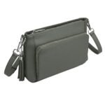 Olive green leather crossbody mini bag with a textured finish, detachable straps, and zippered compartments.