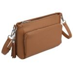 Tan leather crossbody mini bag with a textured finish, detachable straps, and multiple zippered compartments.