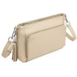 Cream leather crossbody mini bag with a textured finish, detachable straps, and multiple zippered compartments.