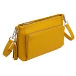 Vibrant yellow leather crossbody mini bag with textured finish, detachable straps, and zippered compartments.