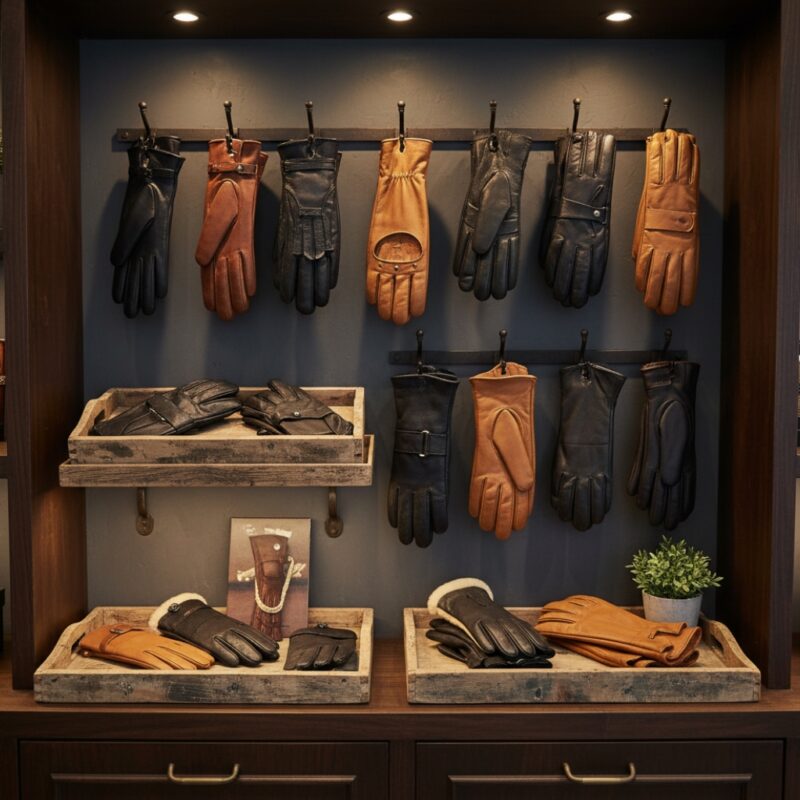 Leather gloves display featuring multiple styles and colors in a wooden retail case.