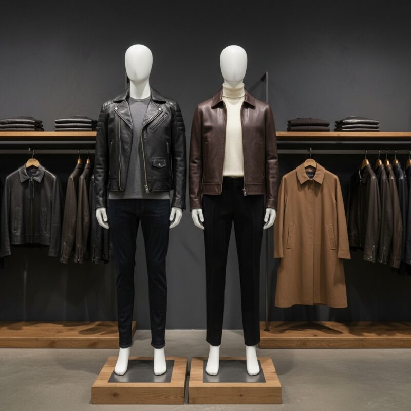Leather jackets category display featuring multiple jacket styles and colors arranged in a retail showcase.