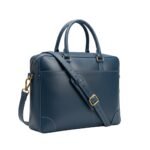 A refined blue leather laptop bag featuring dual handles, gold-tone hardware, and an adjustable shoulder strap.
