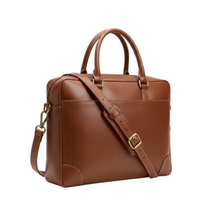 A sophisticated brown leather briefcase with dual handles and an adjustable shoulder strap featuring gold-tone hardware