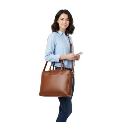 A person wearing a light blue shirt and dark jeans carries a brown leather laptop bag with a shoulder strap while holding a smartphone.