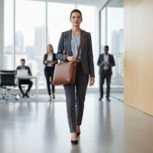 Professional woman modeling a brown leather laptop bag with a briefcase-style strap in a modern office hallway.