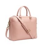 A stylish pink leather laptop bag with dual handles, gold-tone hardware, and an adjustable shoulder strap.