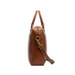 Side view of a brown leather briefcase with an adjustable strap and gold-tone hardware