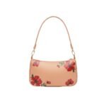 Apricot leather shoulder bag with red flower prints, featuring gold-tone hardware and a smooth adjustable strap.