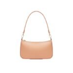 Back view of an apricot leather shoulder bag featuring a smooth texture, rounded design, and gold-tone hardware.