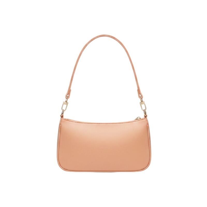 Minimalist leather shoulder bag in a soft peach tone with a sleek design and adjustable strap.