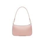 Pink leather shoulder bag, front view, featuring a minimalist design with gold-tone hardware and an adjustable strap.