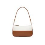 White and brown leather shoulder bag, front view, with a two-tone design, gold-tone hardware, and an adjustable strap.