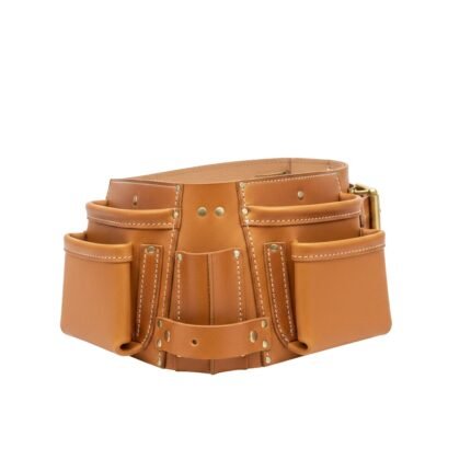Tan leather tool belt with multiple tool pouches and compartments.