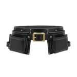 Black leather tool belt front view with brass buckle and multiple tool pouches.
