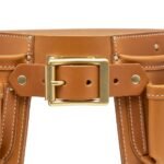 Tan leather tool belt with brass buckle and tool pouch compartments.
