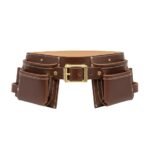Dark brown leather tool belt front view with brass buckle and multiple tool pouches.