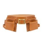 Tan leather tool belt with multiple pouches and brass buckles, isolated on white background.