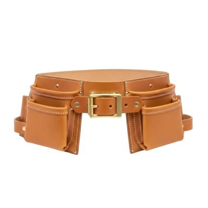 Tan leather tool belt with multiple pouches and brass buckles, isolated on white background.