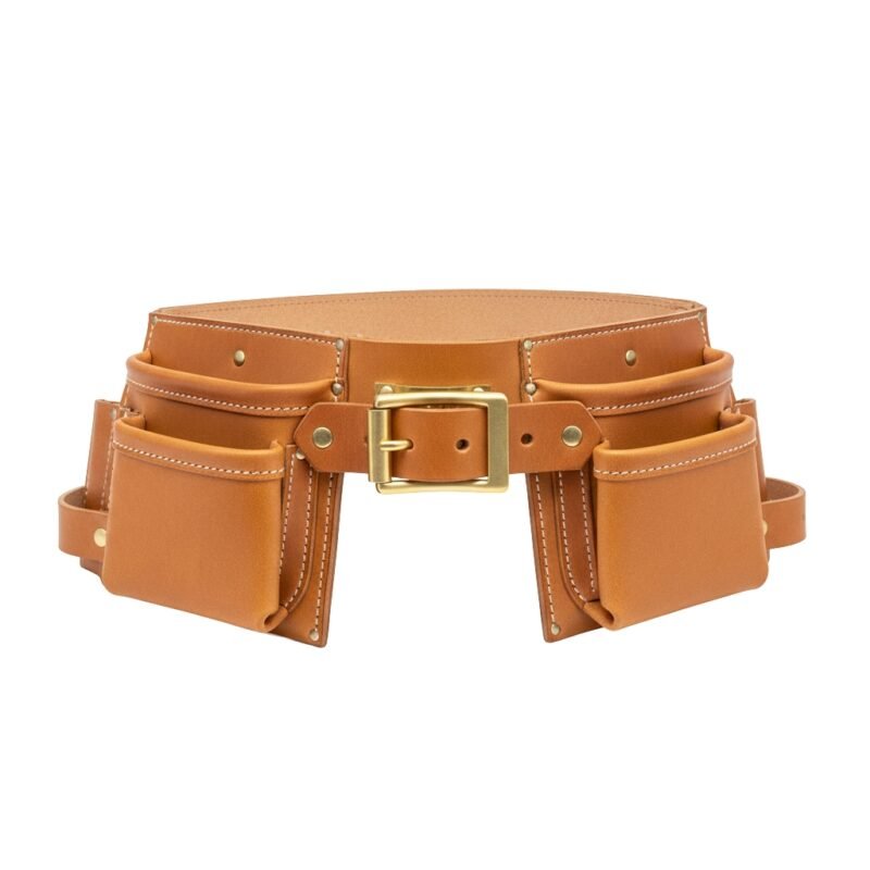 Tan leather tool belt with multiple pouches and brass buckles, isolated on white background.