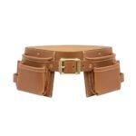 Light brown leather tool belt front view with brass buckle and multiple tool pouches