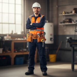 Construction worker wearing an orange high-visibility vest with a leather tool belt, holding tools, standing in a workshop.